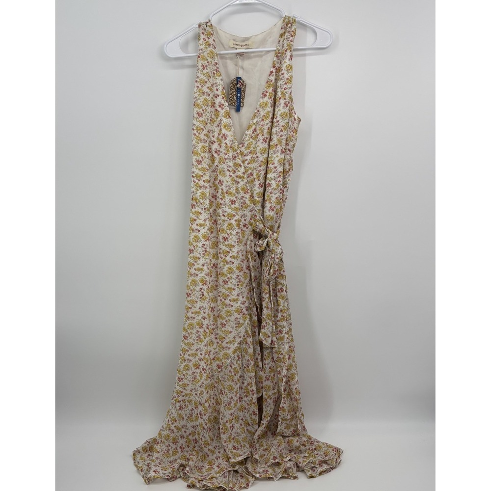 April Cornell Floral Sleeveless Midi Wrap Dress Yellow Womens Medium Boho